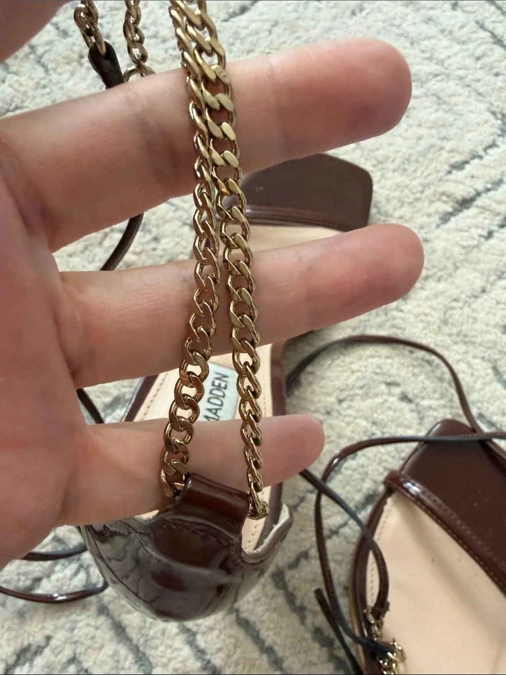 Steve Madden Brown Patent wrap around Chain-Ankle Stiletto Sandals - Picture 10 of 11